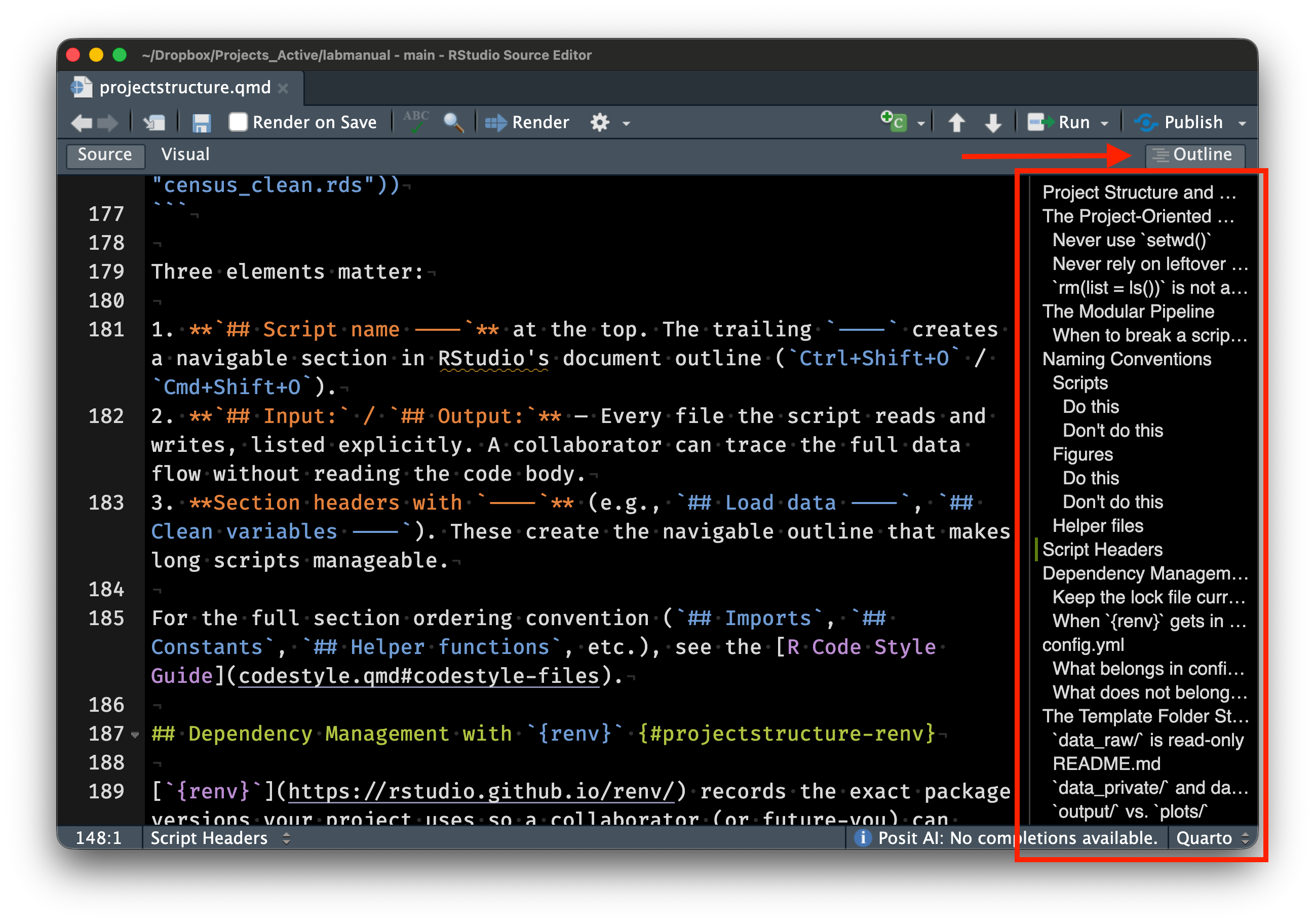 Use the Outline function in RStudio combined with sensible section headers to quickly navigate your code.